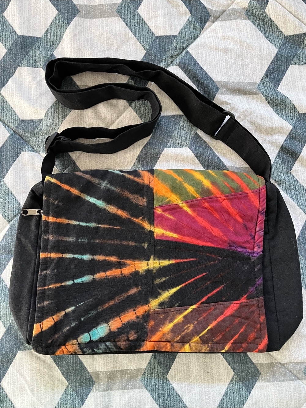 Tie-Dye Canvas Shoulder Messenger Bag - Black with Multicolor Accents